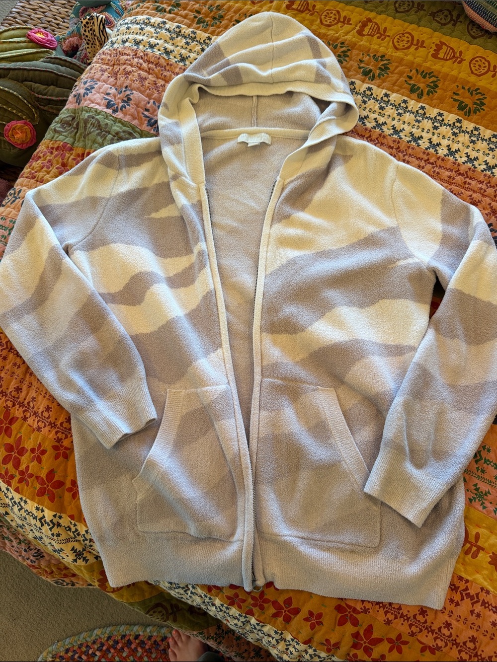 Barefoot Dreams two-tone cozy zip hoodie in taupe and cream